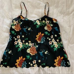 Black floral blouse with scalloped edge